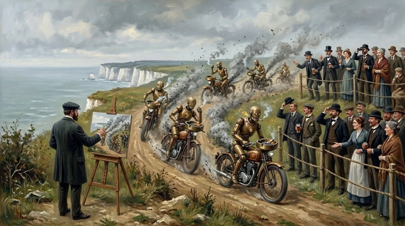 AI-generated oil painting: gold robots smoking on motorbikes with ashtrays race along white cliffs, watched by a Victorian crowd and a painter at his easel